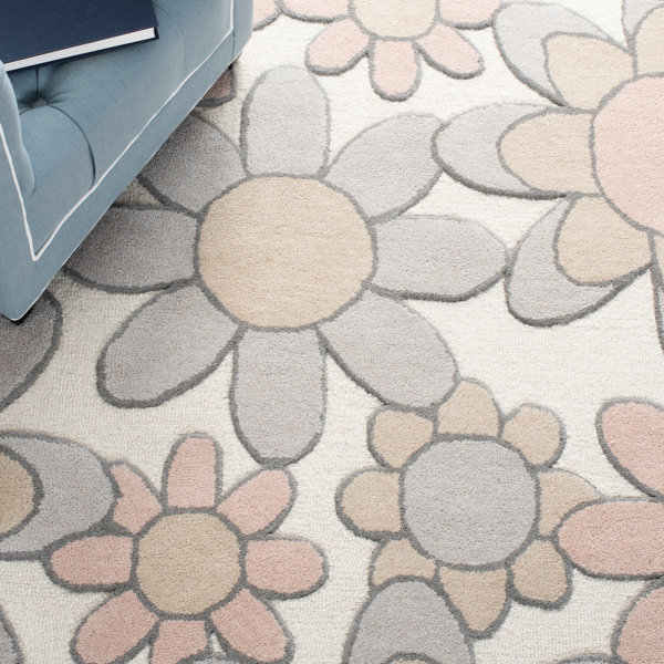 Harriet Bee Asger Floral Handmade Tufted Wool Gray/Pink Area Rug Wayfair